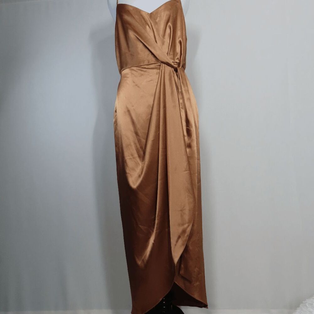After Six Toffee Stretch Charmeuse Faux Wrap Midi Dress Draped Tulip Skirt Sz 8r